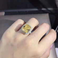 Load image into Gallery viewer, 10 Carat Cushion Moissanite Ring Vivid Yellow VVS Two-tone Double Edge Halo Pave Wrap