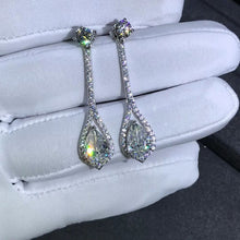 Load image into Gallery viewer, 3 Carat Pear Cut K-M Colorless Halo Moissanite Dangling Earrings
