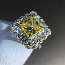 Load image into Gallery viewer, 4 Carat Square Radiant Cut Moissanite Ring Vivid Yellow VVS Two-tone Triple Halo Bead-set