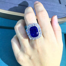 Load image into Gallery viewer, Bold 20 Carat Cushion Cut Lab Grown Blue Sapphire Halo Ring