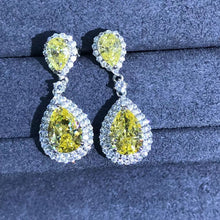 Load image into Gallery viewer, 3 Carat Pear cut Yellow Double Halo Moissanite Dangling Earrings