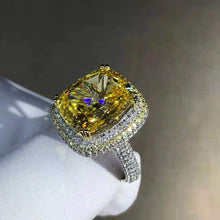 Load image into Gallery viewer, 10 Carat Cushion Moissanite Ring Vivid Yellow VVS Two-tone Double Edge Halo Pave Wrap