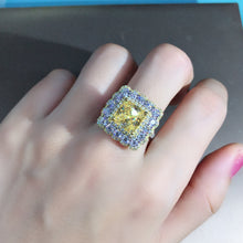 Load image into Gallery viewer, 4 Carat Square Radiant Cut Moissanite Ring Vivid Yellow VVS Two-tone Triple Halo Bead-set