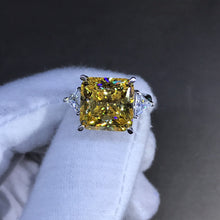 Load image into Gallery viewer, 6 Carat Square Radiant Cut Moissanite Ring Vivid Yellow VVS 4 Claw Three Stone Basket