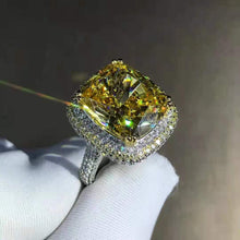 Load image into Gallery viewer, 10 Carat Cushion Moissanite Ring Vivid Yellow VVS Two-tone Double Edge Halo Pave Wrap