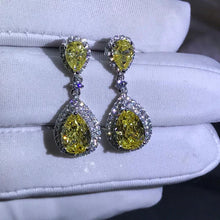 Load image into Gallery viewer, 3 Carat Pear cut Yellow Double Halo Moissanite Dangling Earrings