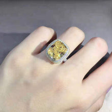 Load image into Gallery viewer, 10 Carat Cushion Moissanite Ring Vivid Yellow VVS Two-tone Double Edge Halo Pave Wrap