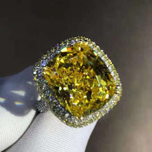 Load image into Gallery viewer, 10 Carat Cushion Moissanite Ring Vivid Yellow VVS Two-tone Double Edge Halo Pave Wrap