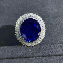 Load image into Gallery viewer, 20 Carat Oval Cut Blue Lab Grown Sapphire Snowflake Halo Ring