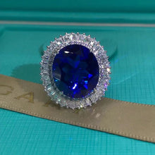 Load image into Gallery viewer, 20 Carat Oval Cut Blue Lab Grown Sapphire Snowflake Halo Ring