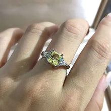 Load image into Gallery viewer, 1 Carat Radiant Cut Moissanite Ring Vivid Yellow VVS Three Stone Cathedral