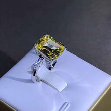 Load image into Gallery viewer, 5 Carat Emerald Cut Moissanite Ring Vivid Yellow VVS Three Stone Basket