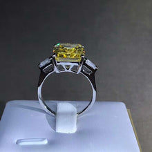 Load image into Gallery viewer, 5 Carat Emerald Cut Moissanite Ring Vivid Yellow VVS Three Stone Basket