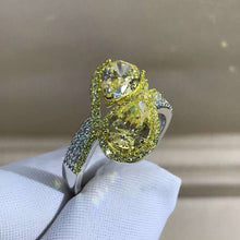 Load image into Gallery viewer, 3 Carat Pear Cut Moissanite Ring Vivid Yellow VVS Two Stone Halo Bead-set Two-tone