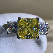 Load image into Gallery viewer, 2 Carat Radiant Cut Moissanite Ring Vivid Yellow VVS 3 Stone Plain Shank