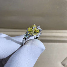 Load image into Gallery viewer, 2 Carat Radiant Cut Moissanite Ring Vivid Yellow VVS 3 Stone Plain Shank