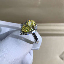 Load image into Gallery viewer, 4 Carat Pear Cut Moissanite Ring Vivid Yellow VVS Halo Cathedral Pinched Shank