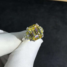 Load image into Gallery viewer, 5 Carat Emerald Cut Moissanite Ring Vivid Yellow VVS Side stone Plain Shank