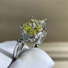 Load image into Gallery viewer, 1 Carat Radiant Cut Moissanite Ring Vivid Yellow VVS Three Stone Cathedral