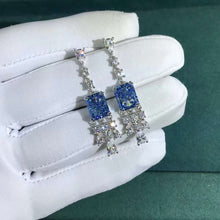 Load image into Gallery viewer, 3 Carat Crushed Ice Radiant cut Blue Moissanite Dangling Earring