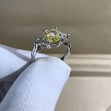 Load image into Gallery viewer, 1 Carat Radiant Cut Moissanite Ring Vivid Yellow VVS Three Stone Cathedral