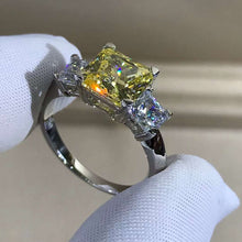 Load image into Gallery viewer, 2 Carat Radiant Cut Moissanite Ring Vivid Yellow VVS 3 Stone Plain Shank