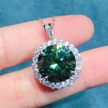 Load image into Gallery viewer, 10 Carat Dark Green Round Cut 4 Prong Halo Solitaire Certified VVS Moissanite Necklace