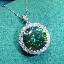 Load image into Gallery viewer, 10 Carat Dark Green Round Cut 4 Prong Halo Solitaire Certified VVS Moissanite Necklace