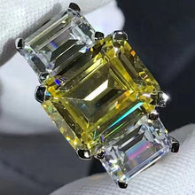 Load image into Gallery viewer, 5 Carat Emerald Cut Moissanite Ring Vivid Yellow VVS Three stone Plain Shank