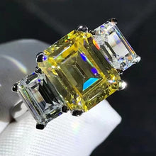 Load image into Gallery viewer, 5 Carat Emerald Cut Moissanite Ring Vivid Yellow VVS Three stone Plain Shank