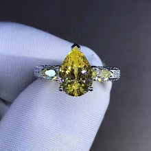 Load image into Gallery viewer, 2 Carat Pear Cut Moissanite Ring Vivid Yellow VVS Three Stones Basket Bead-set