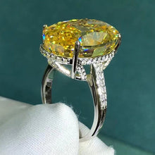 Load image into Gallery viewer, 30 Carat Oval Cut Moissanite Ring Vivid Yellow VVS Cathedral Hidden Halo Bead-set
