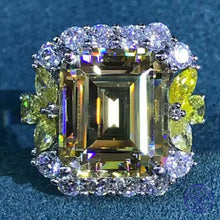 Load image into Gallery viewer, 6 Carat Emerald Cut Moissanite Ring Vivid Yellow VVS Halo Plain Shank