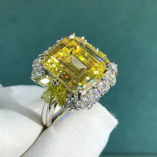 Load image into Gallery viewer, 6 Carat Emerald Cut Moissanite Ring Vivid Yellow VVS Halo Plain Shank