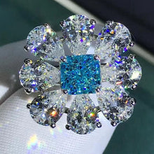 Load image into Gallery viewer, HUGE 6 CTW Blue Radiant &amp; Pear Cut Halo 9 Stone Bead-set Lab Grown Aquamarine Ring