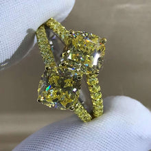 Load image into Gallery viewer, 3 Carat Cushion Cut Moissanite Ring Vivid Yellow VVS Two Stone Split Shank