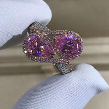 Load image into Gallery viewer, 3 Carat Pink Pear Cut Two Stone Halo Bead-set Two-tone VVS Moissanite Ring