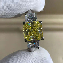 Load image into Gallery viewer, 2 Carat Radiant Cut Moissanite Ring Vivid Yellow VVS 3 Stone Plain Shank
