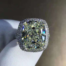 Load image into Gallery viewer, 10 Carat Cushion Moissanite Ring Vivid Yellow VVS Two-tone Double Edge Halo Pave Wrap