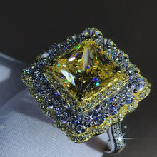Load image into Gallery viewer, 4 Carat Square Radiant Cut Moissanite Ring Vivid Yellow VVS Two-tone Triple Halo Bead-set