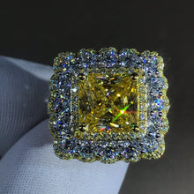 Load image into Gallery viewer, 4 Carat Square Radiant Cut Moissanite Ring Vivid Yellow VVS Two-tone Triple Halo Bead-set