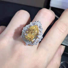 Load image into Gallery viewer, 10 Carat Pear Cut Moissanite Ring Vivid Yellow VVS Filigree Halo Bead-set Cathedral