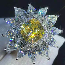 Load image into Gallery viewer, 2 Carat Cushion Cut Moissanite Ring Vivid Yellow VVS 13 Stone Double Halo Starburst