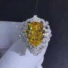 Load image into Gallery viewer, 10 Carat Pear Cut Moissanite Ring Vivid Yellow VVS Filigree Halo Bead-set Cathedral