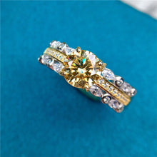 Load image into Gallery viewer, 1 Carat Round Moissanite Ring Bead-set Scalloped Pave Two-tone Certified VVS Vivid Yellow