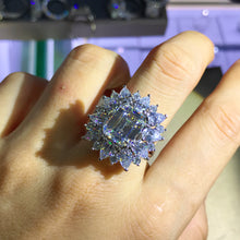 Load image into Gallery viewer, 5 Carat Emerald Cut Moissanite Ring Starburst Halo VVS G-H Colorless