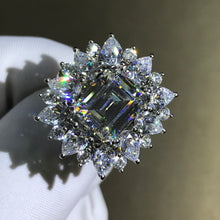 Load image into Gallery viewer, 5 Carat Emerald Cut Moissanite Ring Starburst Halo VVS G-H Colorless