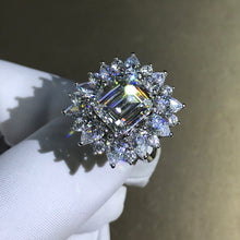 Load image into Gallery viewer, 5 Carat Emerald Cut Moissanite Ring Starburst Halo VVS G-H Colorless