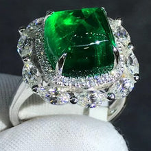 Load image into Gallery viewer, Gorgeous Classic 5.8 Carat Cabochon Cut Lab Grown Emerald Double Halo Plain Shank Ring - 9K, 14K, 18K Solid Gold and 950 Platinum
