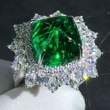 Load image into Gallery viewer, Green Starburst Big 7.2 Carat Rare Cabochon Cut Lab Grown Emerald Double Halo Pave Ring - 9K, 14K, 18K Solid Gold and 950 Platinum